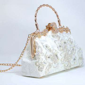 White Silver Embroidered Floral Pearl Wedding Bag, Statement Bag, Evening Clutch, Wedding Clutch, Bridal Clutch, White Cross Body Bag